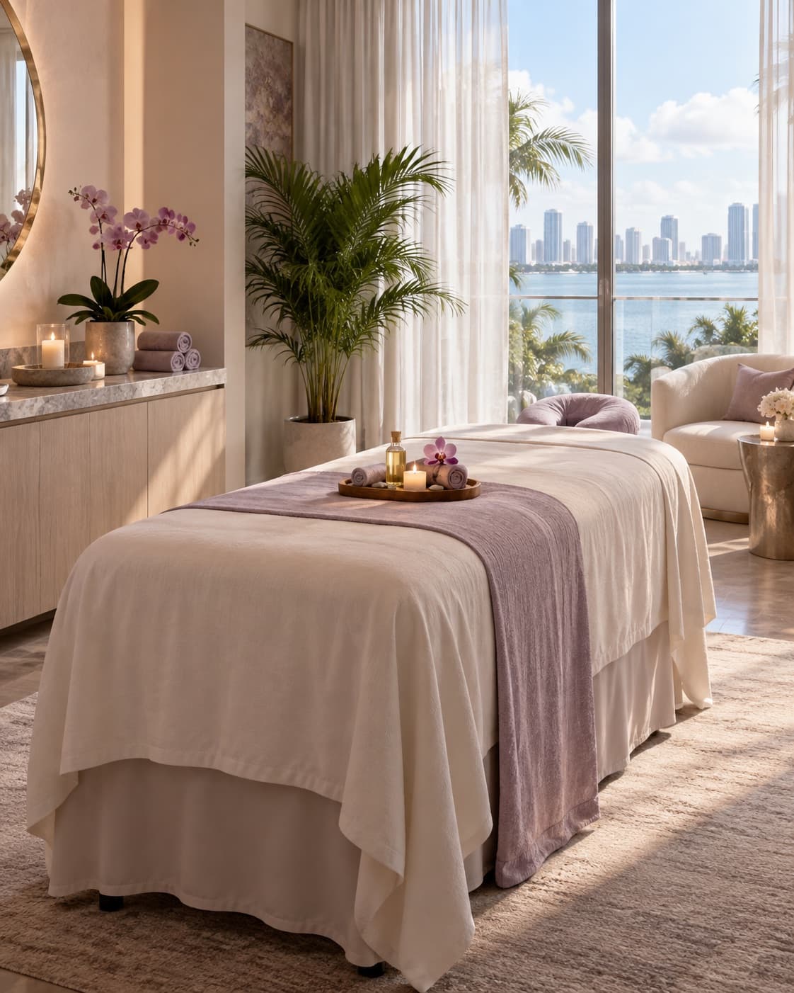 A luminous private massage room prepared with ivory and lilac linens